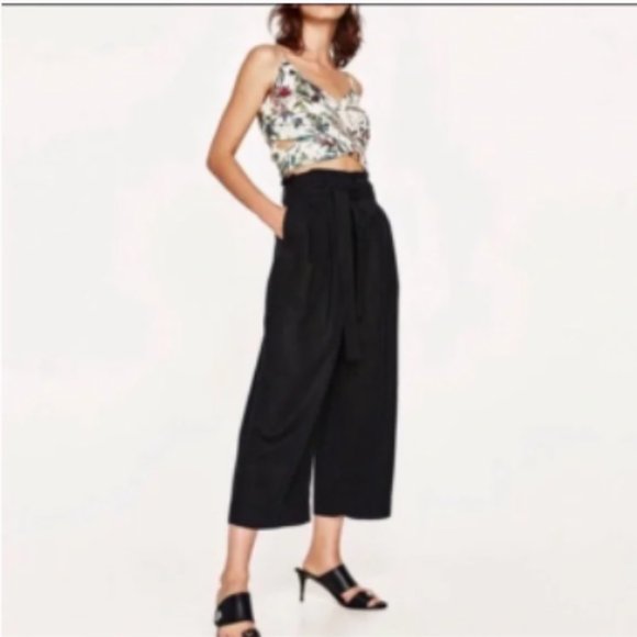 Zara Pants - Zara High Waist Belted Paperbag Wide Leg Cropped Pants